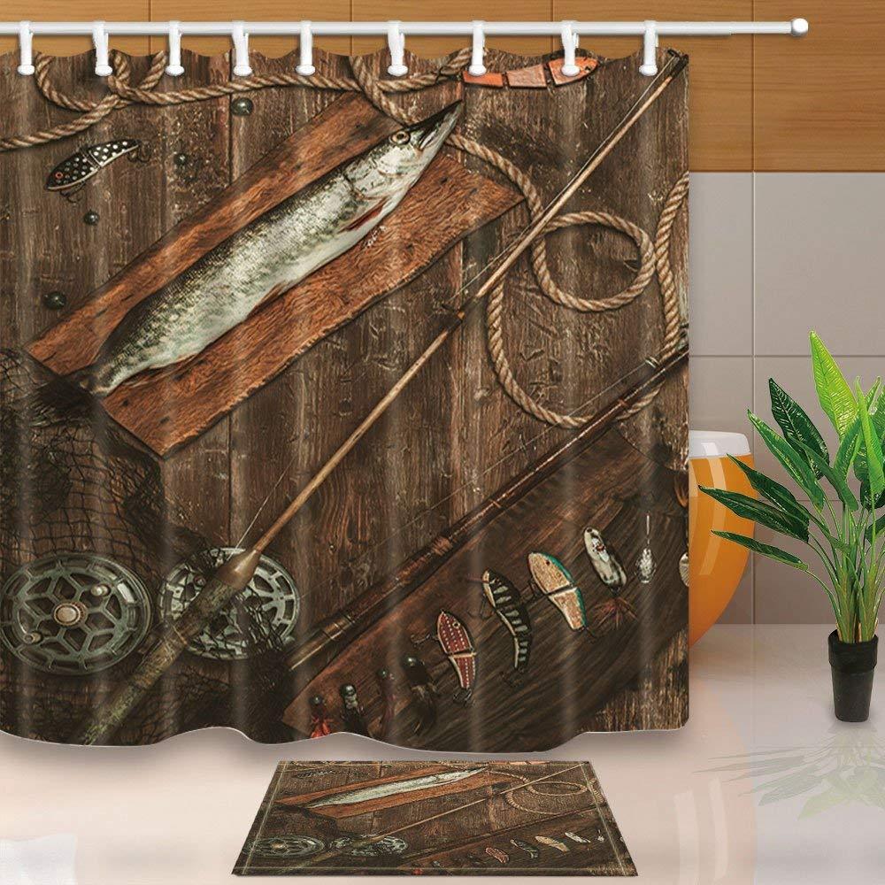 Fishing Tools And Fresh Pike Wooden Tablemildew Resistant Polyester Fabric-Shower Curtains-Dawning Store-Only Curtain90X180CM-Bargain Bait Box