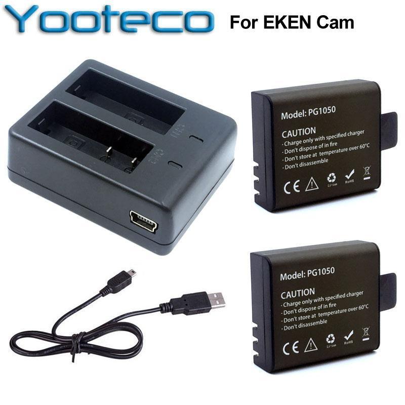 For Eken Accessories Dual Charger + 2Pcs 1050Mah Backup Rechargeable Li-Ion-Action Cameras-Bartoo Store-Bargain Bait Box