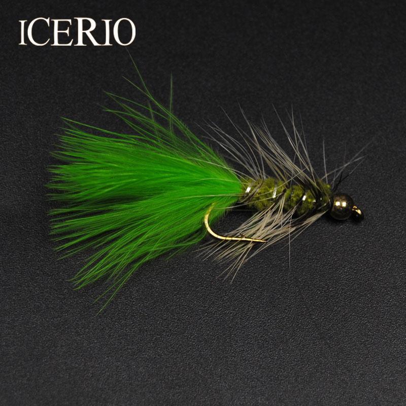 Icerio 8Pcs Green Tail Brass Bead Head Flash Bugger Streamer Flies Fly Fishing-Flies-Bargain Bait Box-Bargain Bait Box
