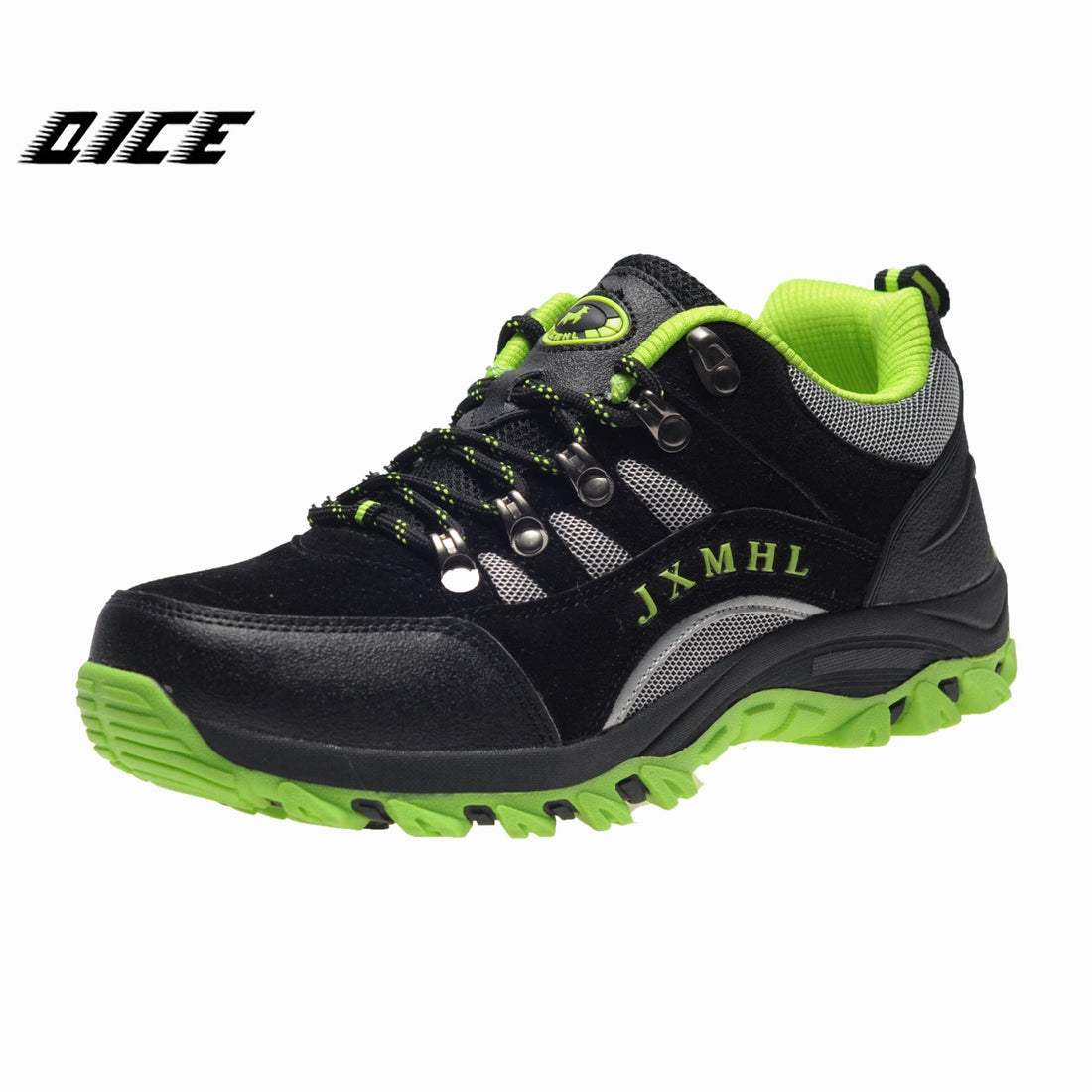 Men Hiking Shoes Breathable Outdoor Shoes Camping Climbing Rubber Sole Leather-QICE Sneakers Store-Black Green-6.5-Bargain Bait Box