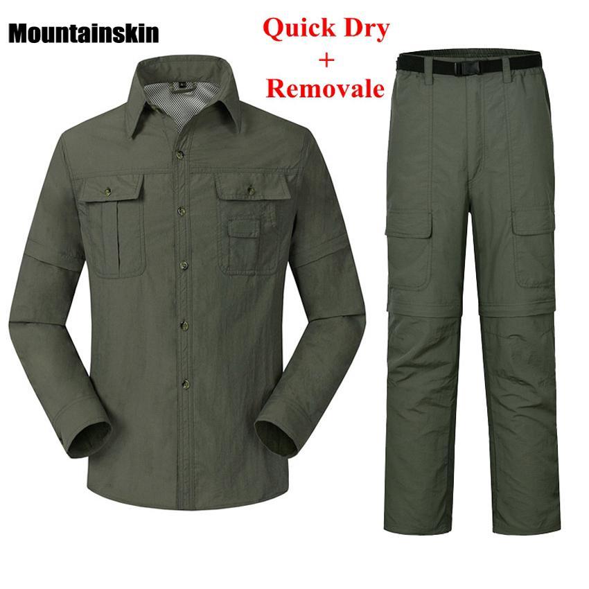 Men Quick Dry Removable Breathable Hiking Shirts &amp; Pants Spring Summer Outdoor-Mountainskin Outdoor-Army Green-S-Bargain Bait Box