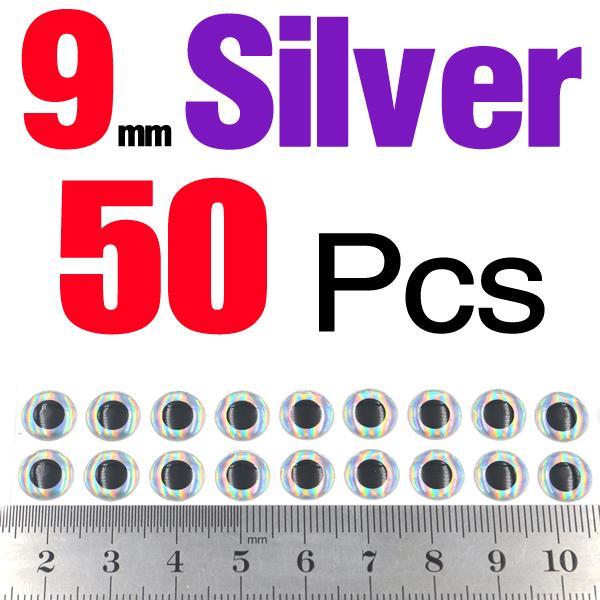 Mnft 50Pcs/Lot Fishing 3D Sticky Holographic Lure Eyes 7Mm/9Mm Diy Making Fly-Fish Eyes-Bargain Bait Box-9mm Silver 50Pcs-Bargain Bait Box