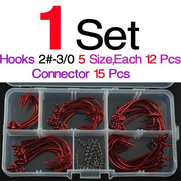 Mnft 60Pcs Red Crank Hooks+15Pcs Soft Connector/Set High Carbon Steel Size 1# 2#-Hook Kits-Bargain Bait Box-Bargain Bait Box