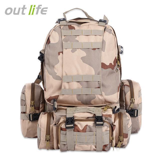 Outlife 50L Outdoor Backpack Military Molle Tactical Bag Rucksack Camping Hiking-Monka Outdoor Store-Three Sand Camo-Bargain Bait Box