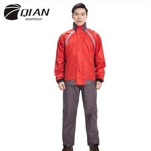Qian Rainproof Impermeable Raincoat Suit Rain Coat Men Hood Motorcycle-Rain Suits-Bargain Bait Box-Red and Grey-L-Bargain Bait Box